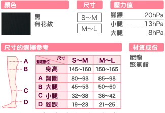 SLIMWALK美腿襪-內搭型，顏色黑色，尺寸S~M；M~L，壓力值腳踝20hpa；小腿13hpa；大腿8hpa，材質成分尼龍，聚氨酯。